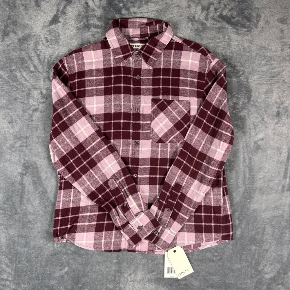 Retrofit Mens Flannel Shirt Small Red Bean Burgundy Pink Plaid KHRF5B2969 NWT